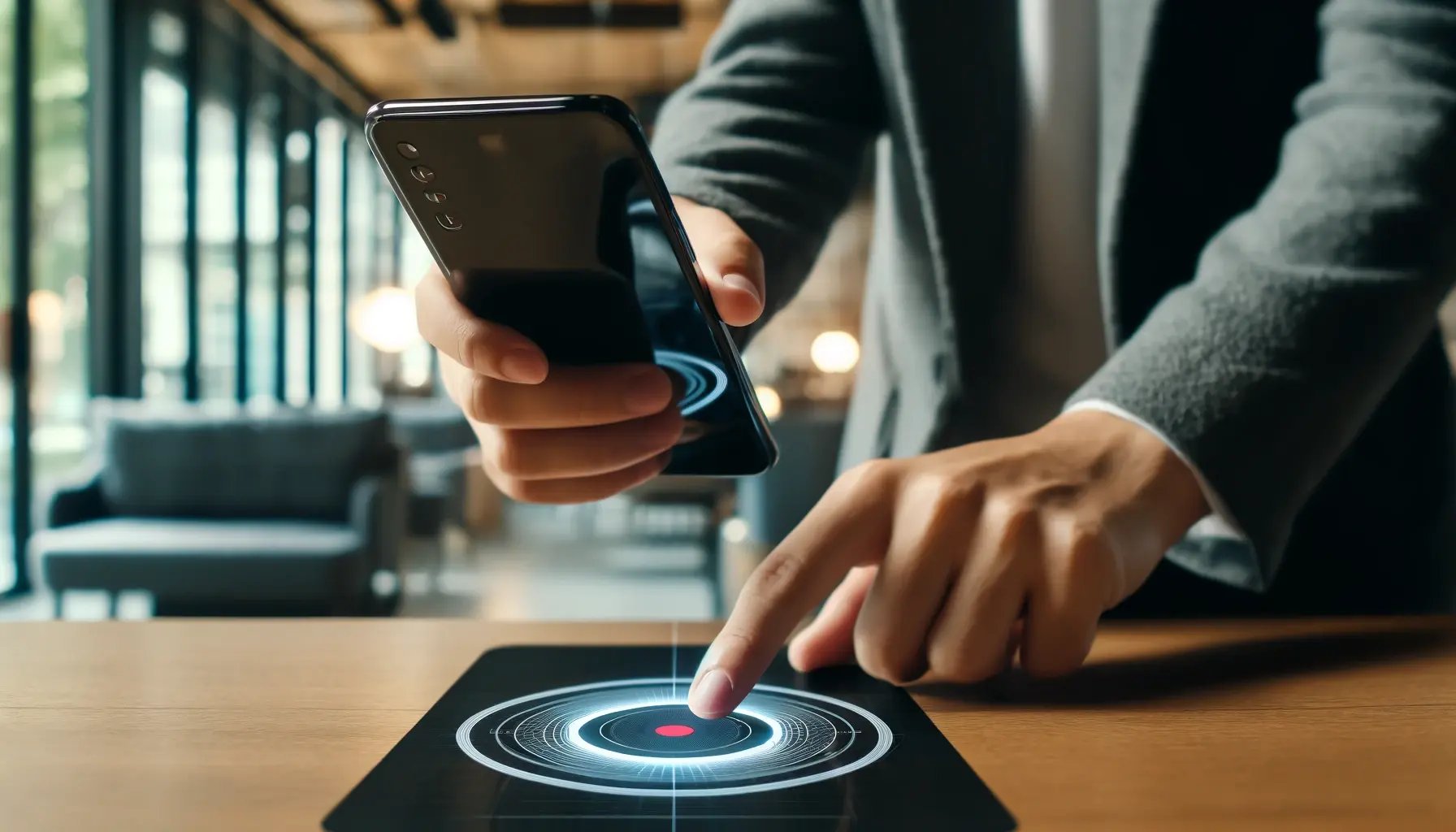 DALL·E 2024-06-12 15.20.18 - A person using a smartphone to scan an AR marker. The AR marker is clearly visible on a flat surface, such as a table. The background shows a modern i