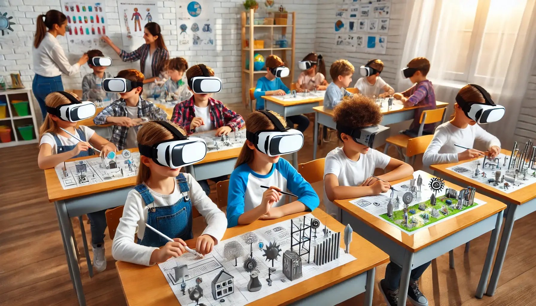 DALL·E 2024-06-22 14.15.02 - Children studying while experiencing VR, wearing VR headsets, in a classroom setting with desks and educational materials around. Some children are in