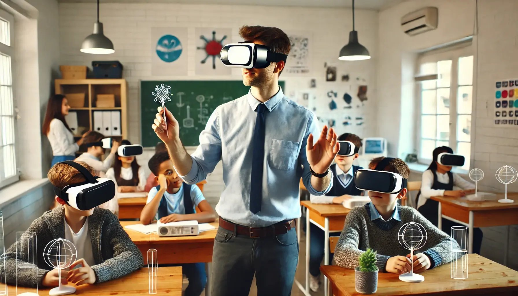 DALL·E 2024-06-22 14.17.57 - A teacher using VR to educate students in a classroom setting. The teacher is wearing a VR headset and gesturing towards virtual objects, while studen