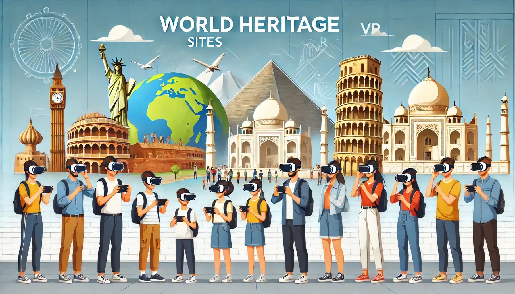 DALL·E 2024-06-22 14.20.06 - People experiencing world heritage sites through VR. They are wearing VR headsets and are immersed in a virtual environment showcasing famous landmark