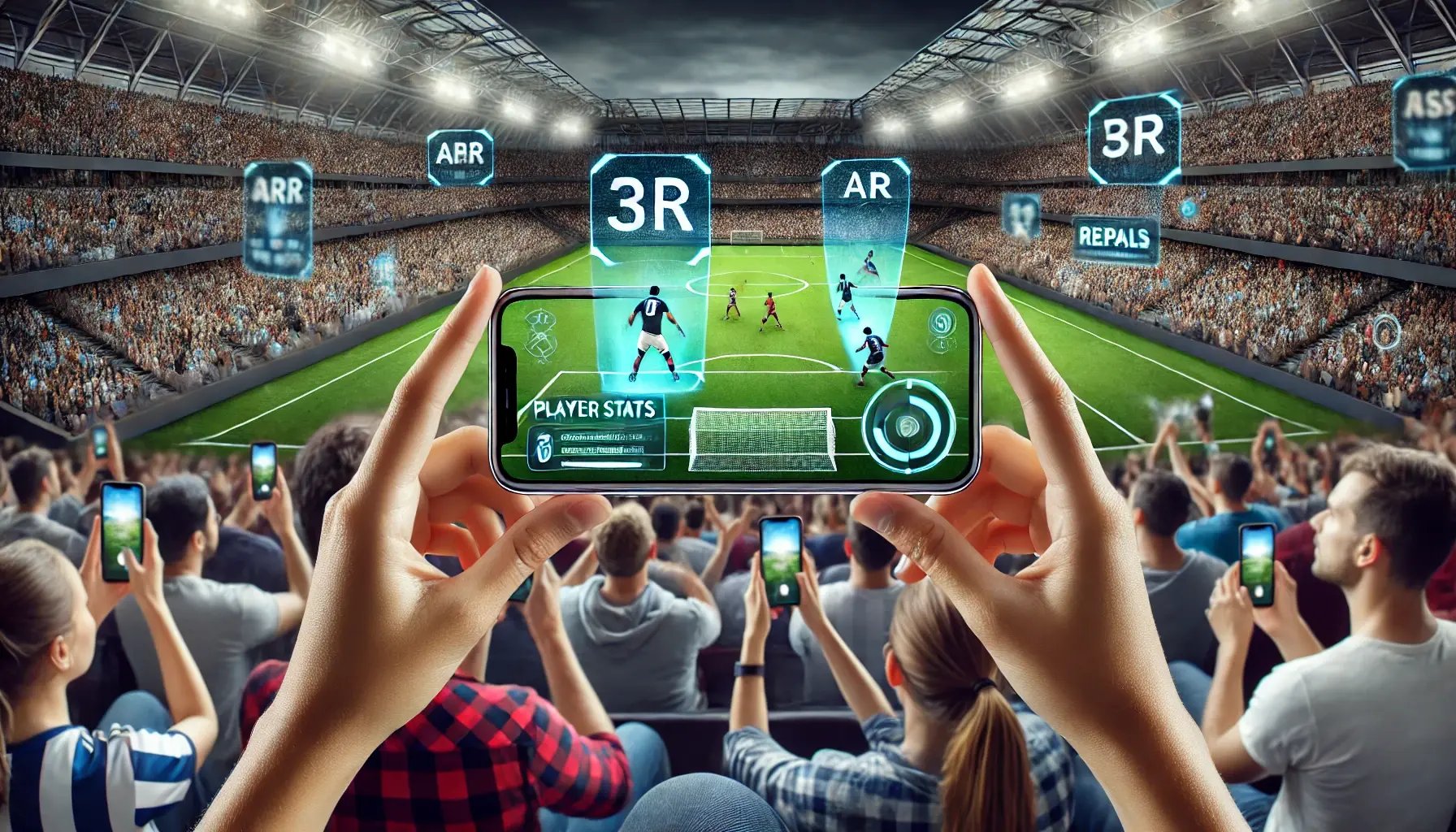 DALL·E 2024-06-22 14.39.54 - People watching sports using AR on their smartphones. They are in a stadium or a sports bar, holding their phones up with AR graphics overlaying the r