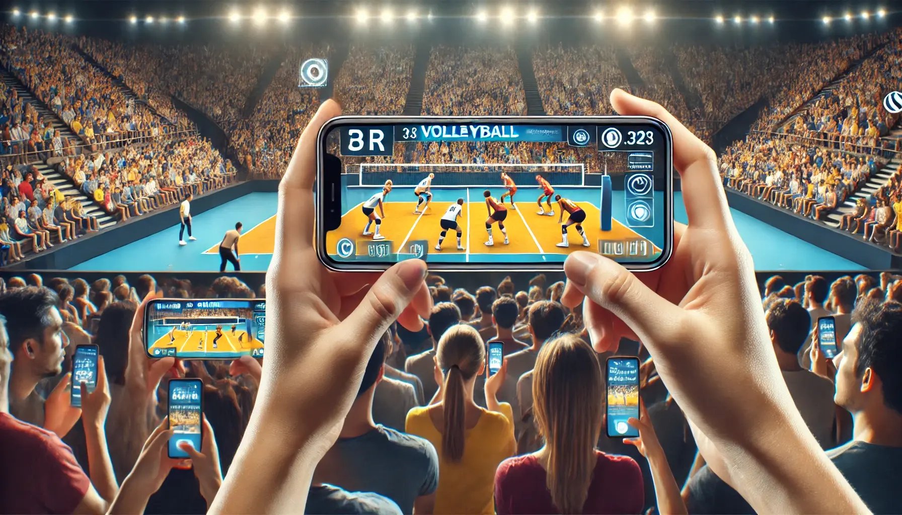 DALL·E 2024-06-22 14.41.36 - People watching a volleyball game using AR on their smartphones. They are in a stadium, holding their phones up with AR graphics overlaying the real-w