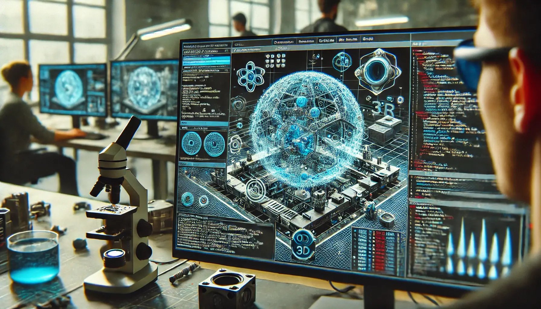 DALL·E 2024-06-22 14.56.01 - Close-up of a computer screen of an engineer developing AR technology. The screen displays complex code, 3D models, and AR application interfaces. The