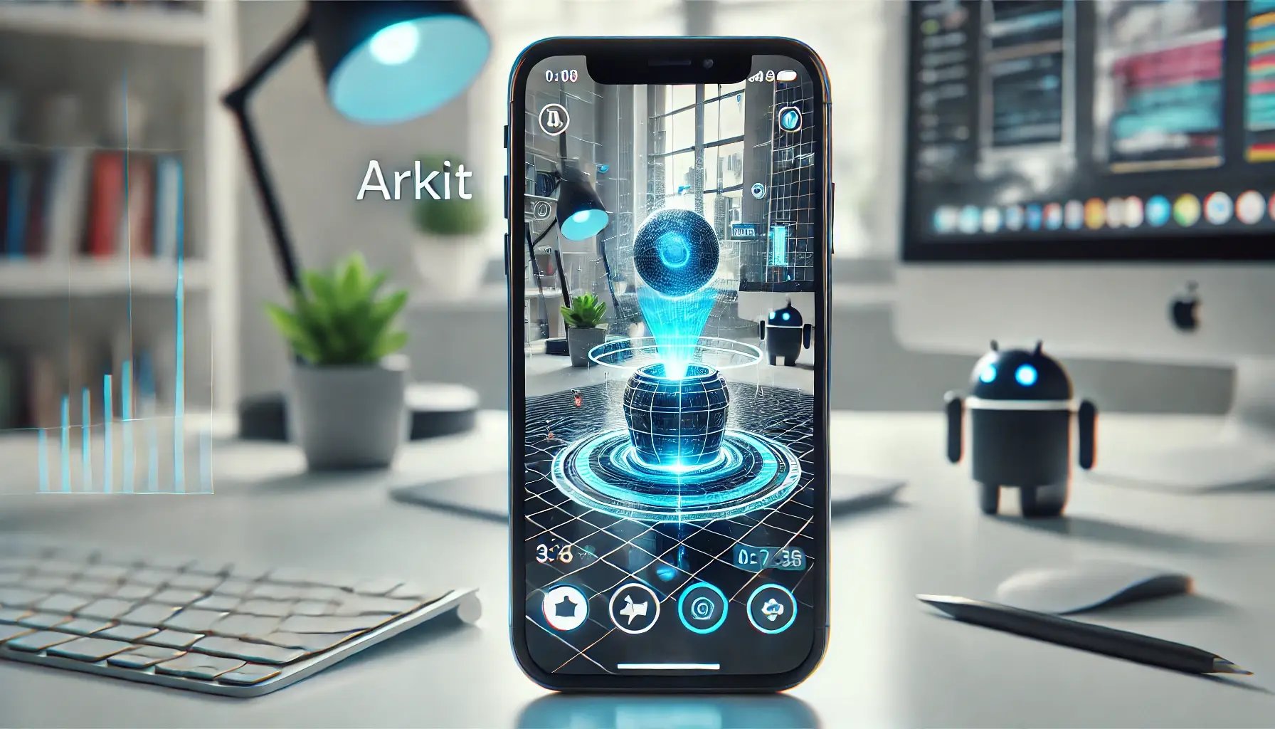 DALL·E 2024-06-22 14.57.34 - An iPhone displaying an ARKit application. The screen shows a live camera view with augmented reality elements overlaying the real-world image, such a