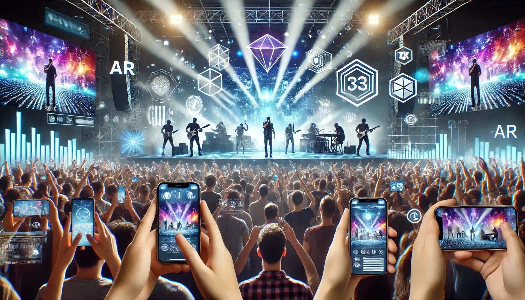 DALL·E 2024-06-22 15.23.22 - A live concert augmented with AR technology. The scene shows a stage with performers, and AR elements like virtual effects, animations, and graphics o