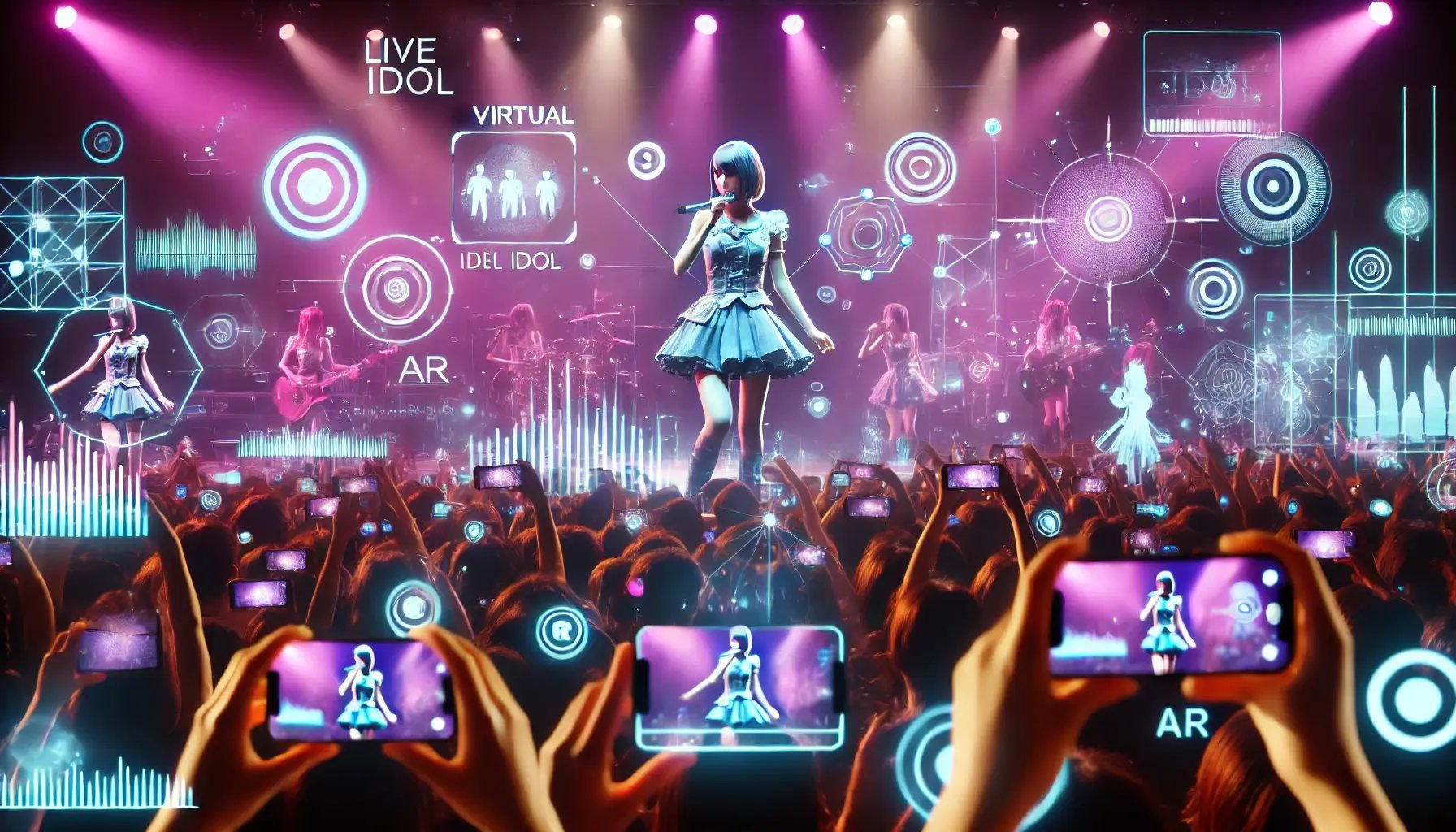 DALL·E 2024-06-22 15.25.45 - A live concert of a female idol augmented with AR technology. The scene shows the idol performer on stage, with AR elements like virtual effects, anim