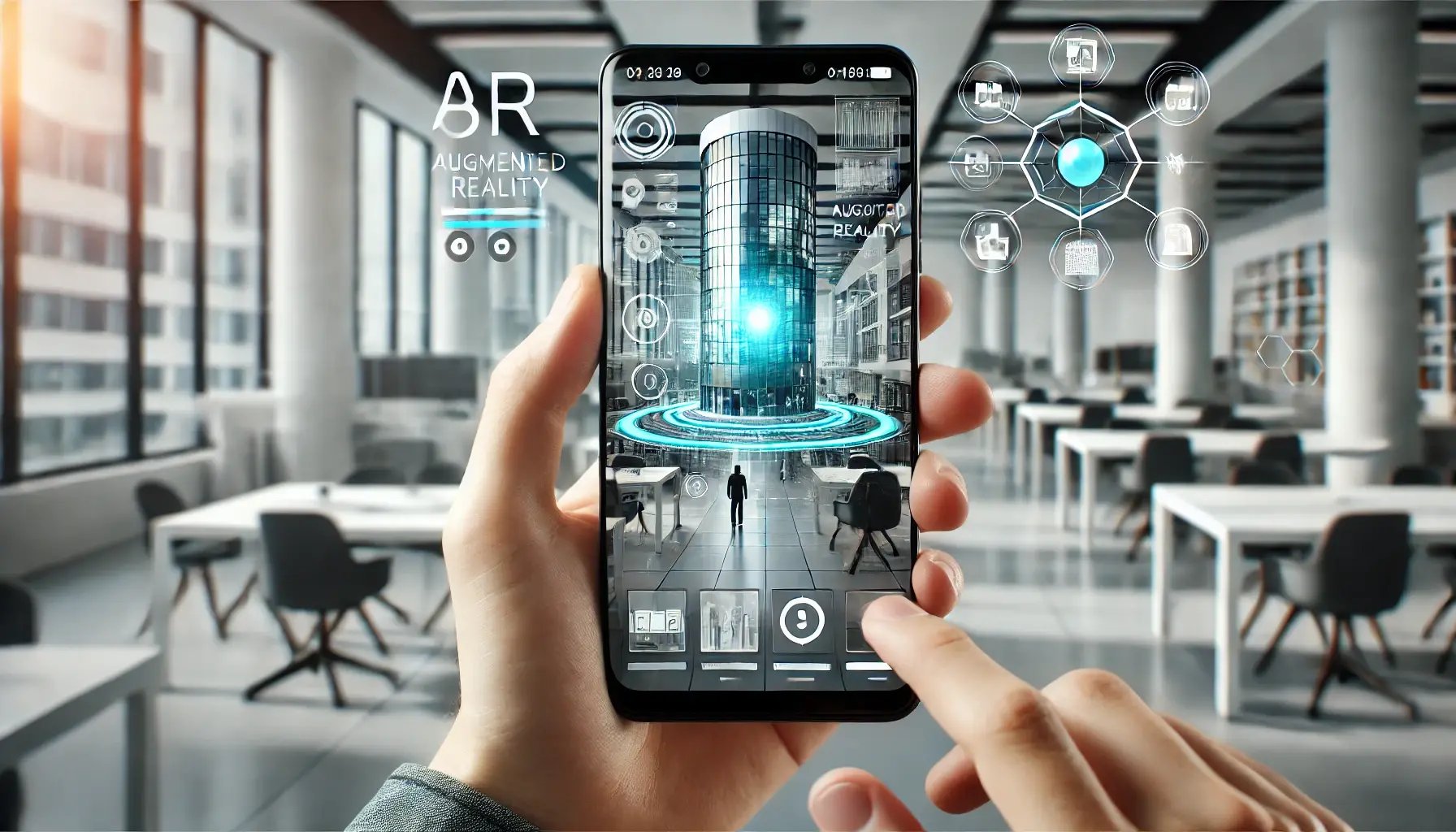 DALL·E 2024-06-22 15.46.39 - A smartphone displaying an AR application. The screen shows a live camera view with augmented reality elements overlaying the real-world image, such a