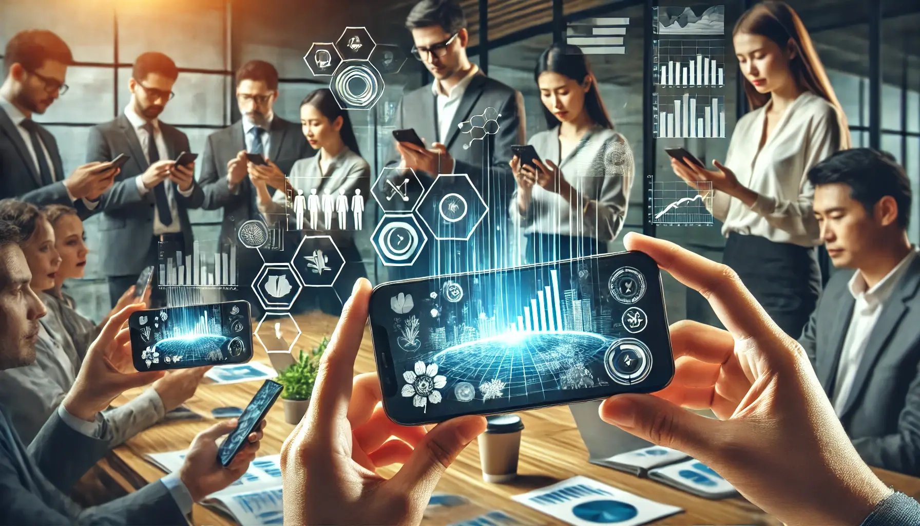 DALL·E 2024-06-22 15.49.16 - People using a smartphone AR application in a business setting. They are in a modern office, holding their smartphones up to view augmented reality da