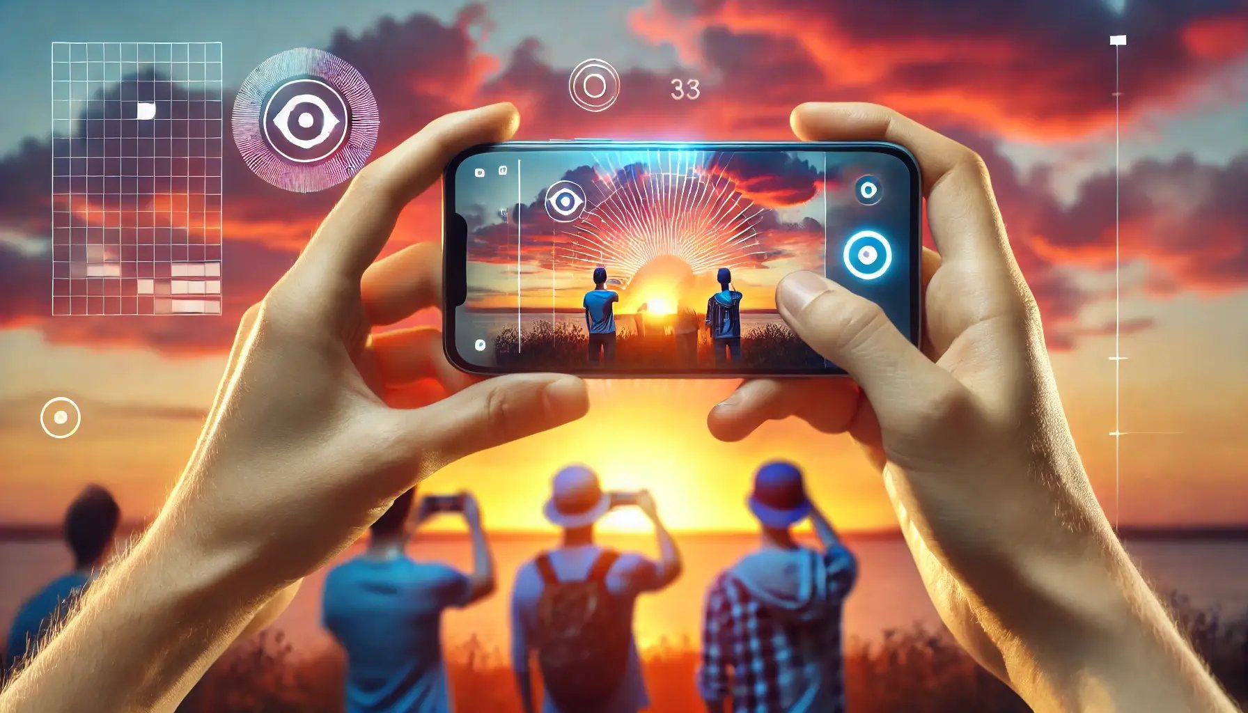 DALL·E 2024-06-22 15.51.44 - People using a smartphone AR application to take photos at sunset. The scene shows individuals holding their smartphones up, capturing the beautiful e