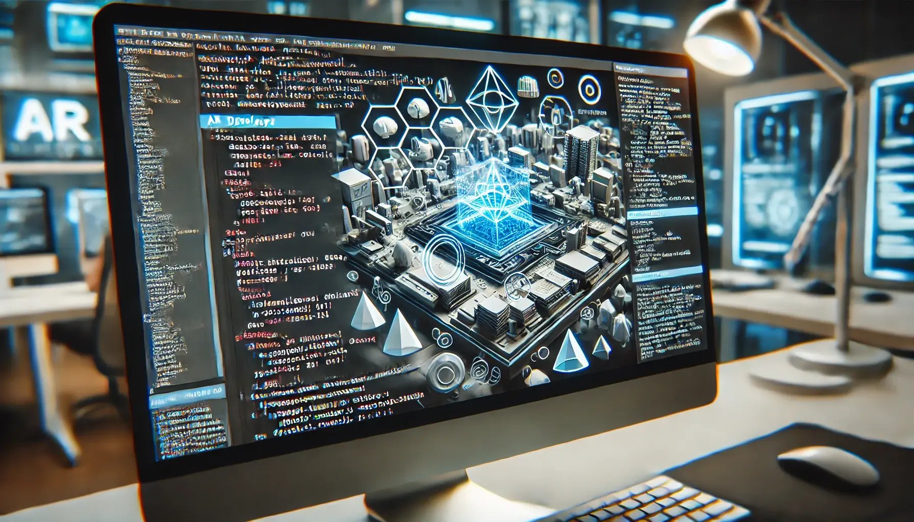 DALL·E 2024-06-22 16.02.16 - Close-up of a computer screen showing AR development. The screen displays complex code, 3D models, and AR application interfaces. The background inclu