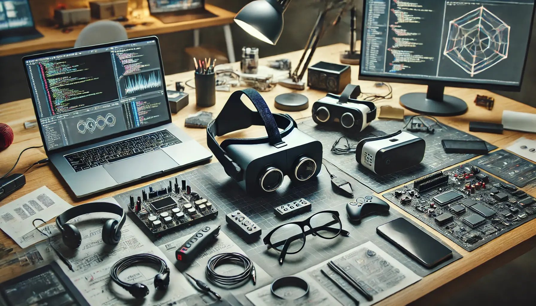 DALL·E 2024-06-22 16.03.34 - An AR development kit on a desk. The kit includes AR glasses, a VR headset, various sensors, controllers, and cables. There are also open laptop compu