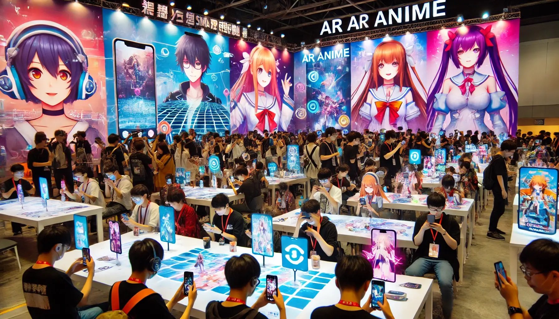 DALL·E 2024-06-22 16.19.06 - A lively AR anime event focused on smartphone applications. The scene includes people using their smartphones with AR apps to interact with augmented 