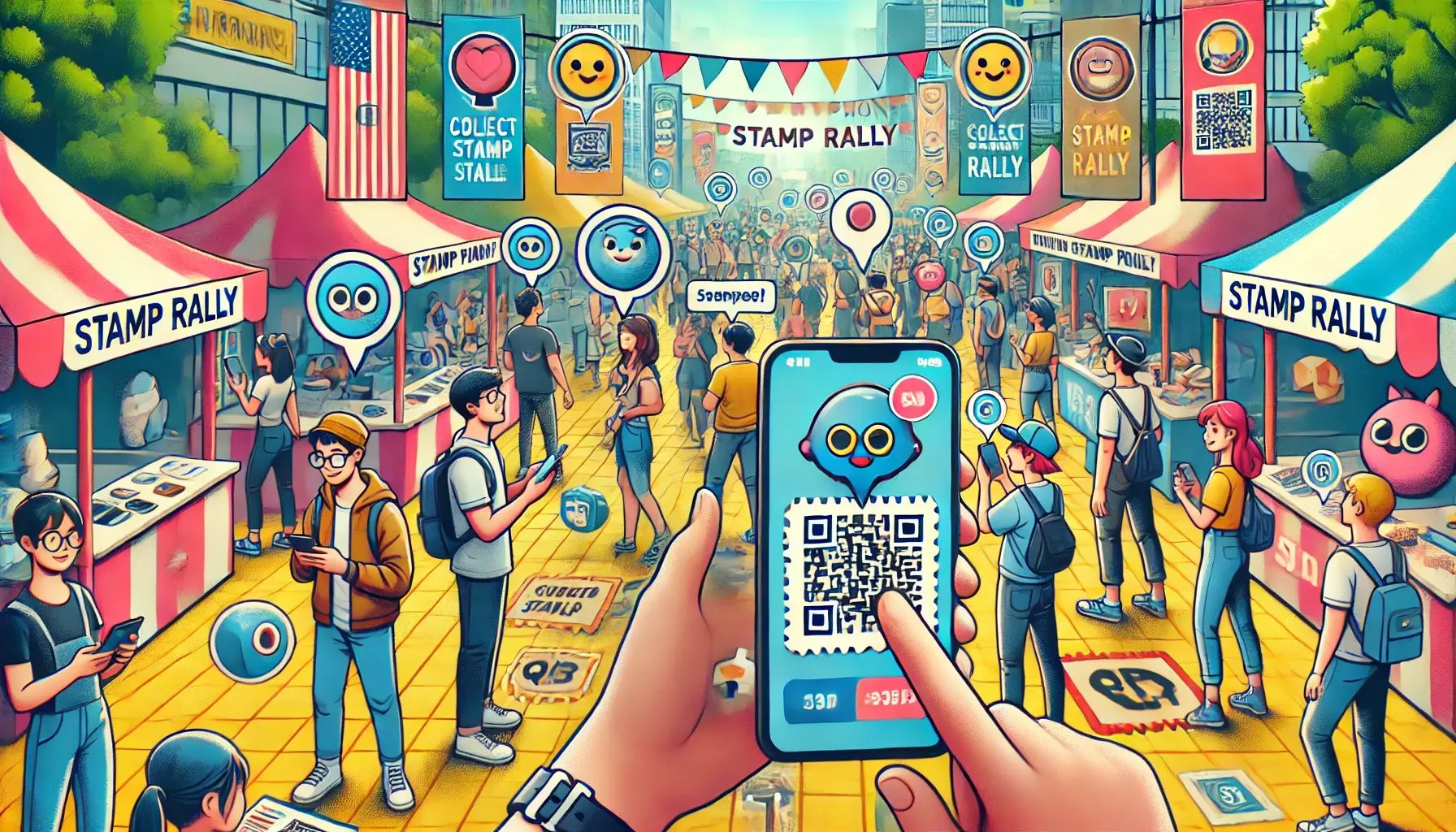 DALL·E 2024-06-22 16.20.24 - A lively AR smartphone stamp rally event. The scene includes people using their smartphones with AR apps to collect virtual stamps at various checkpoi