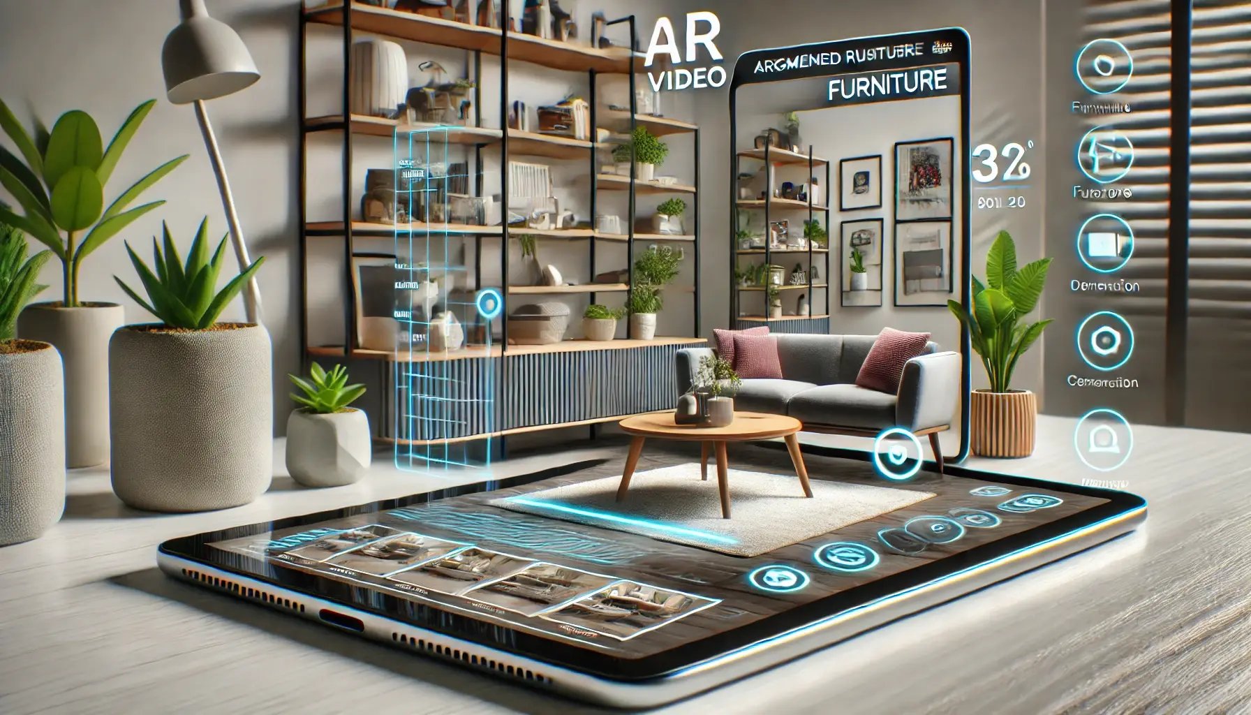 DALL·E 2024-06-22 17.27.02 - A scene showing a tablet or smartphone displaying an AR video related to furniture. The screen features augmented reality elements overlaying real-wor