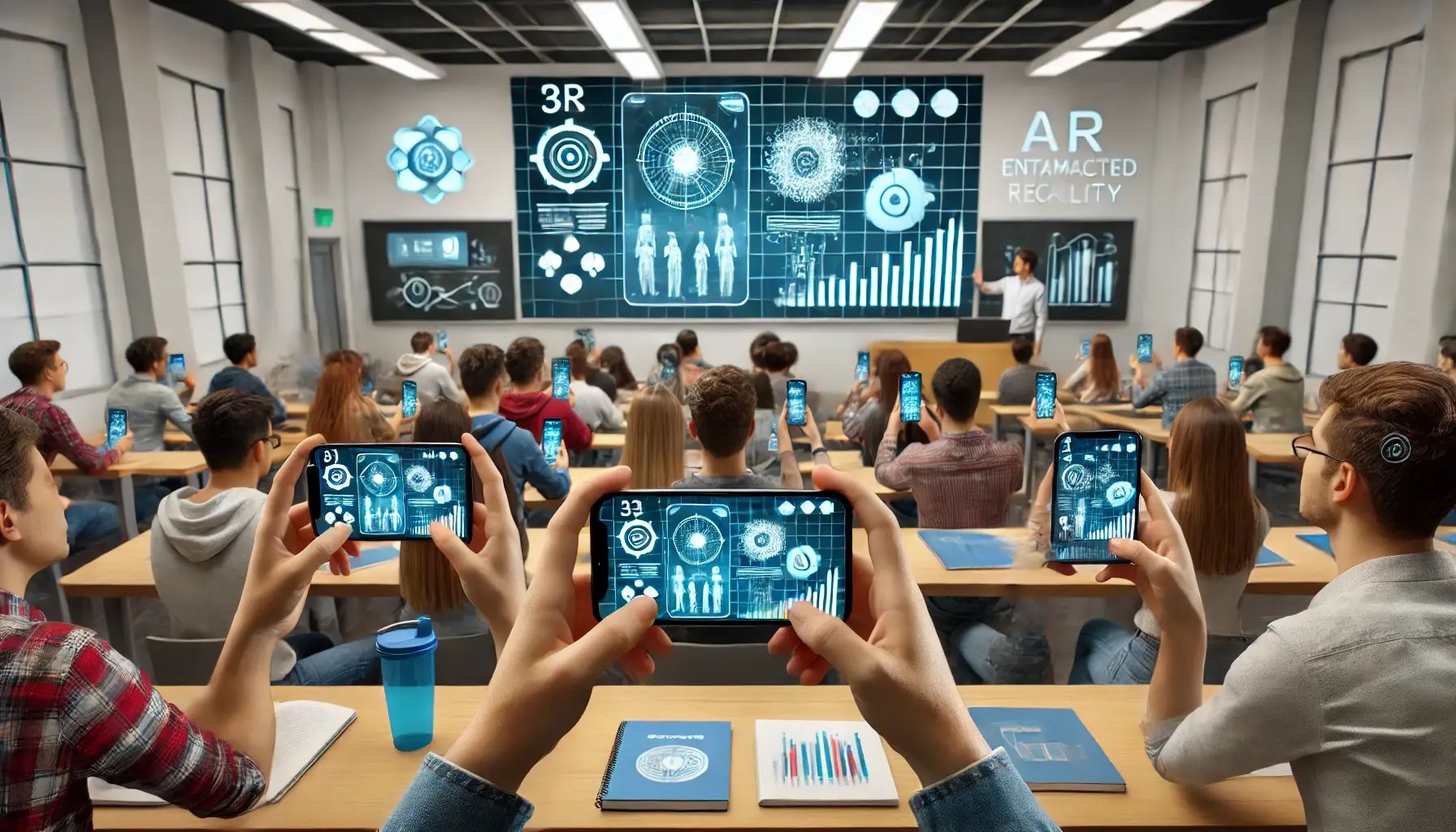 DALL·E 2024-06-22 17.36.43 - A university lecture where students are using smartphones with AR technology. The scene shows a modern classroom with students holding up their smartp