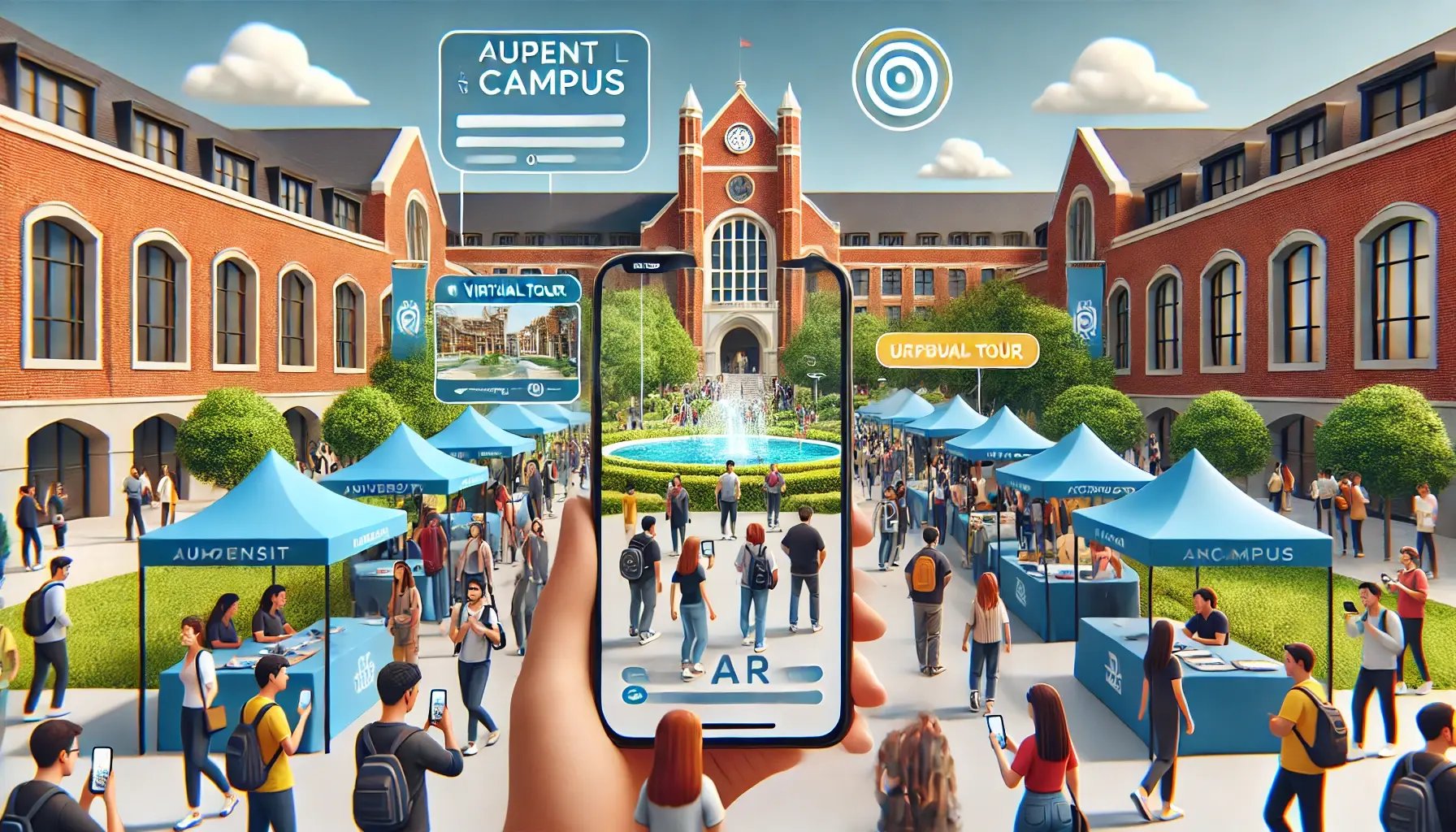 DALL·E 2024-06-22 17.38.21 - A university open campus event where prospective students are using smartphones with AR technology. The scene shows a vibrant campus environment with 