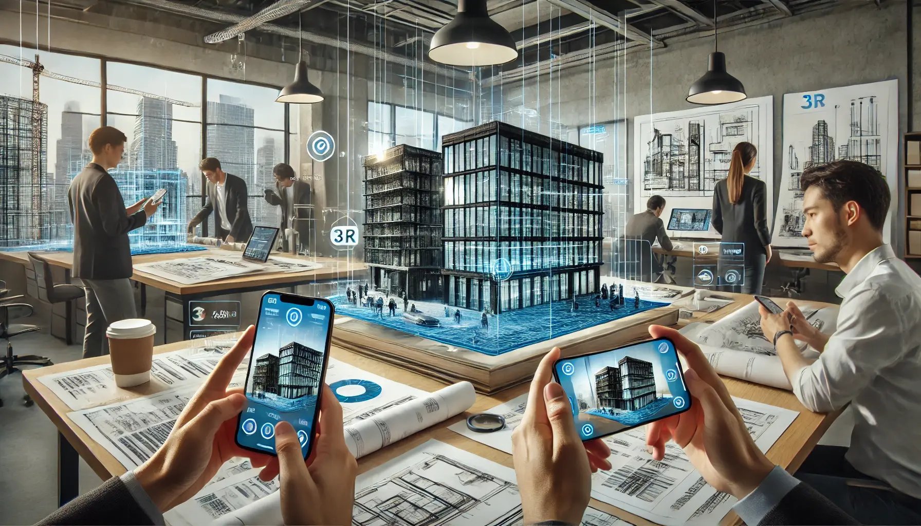 DALL·E 2024-06-22 17.40.35 - A scene showing the use of AR technology in architectural design. The setting includes architects and designers using smartphones with AR applications