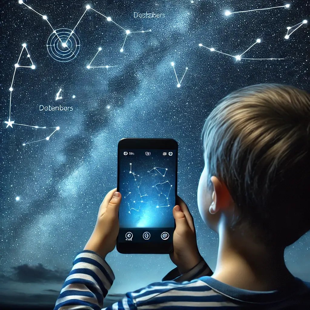 DALL·E 2024-07-05 16.47.03 - A child holding a smartphone up to the night sky, using an augmented reality (AR) app to display constellation names and positions. The background fea