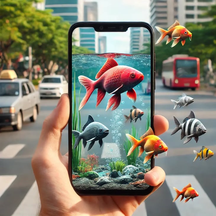 DALL·E 2024-07-05 16.51.36 - A scene showing a smartphone held up, displaying an augmented reality (AR) app that makes lifelike 3D computer-generated (CG) fish appear in the real 