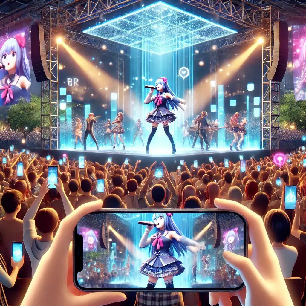 DALL·E 2024-07-05 17.02.29 - A scene depicting a Vtuber AR smartphone live concert. The audience holds up their smartphones, displaying augmented reality (AR) images of a Vtuber p